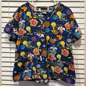 Looney Tunes Sylvester & Tweety Bird Cartoon Scrub Top Pockets V-neck Blue